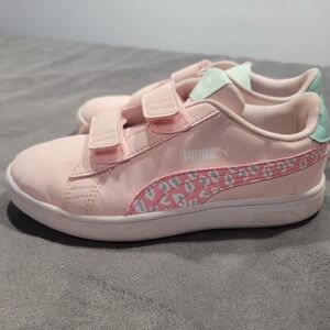 Puma Smash v2 Pink Leopard Print Hook and Loop Sneakers 380907-02 Kids 1C